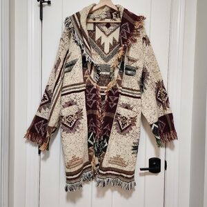 Vintage Southwestern Woven Fringe Cardigan Coat Boho Aztec Western USA Cotton Lg